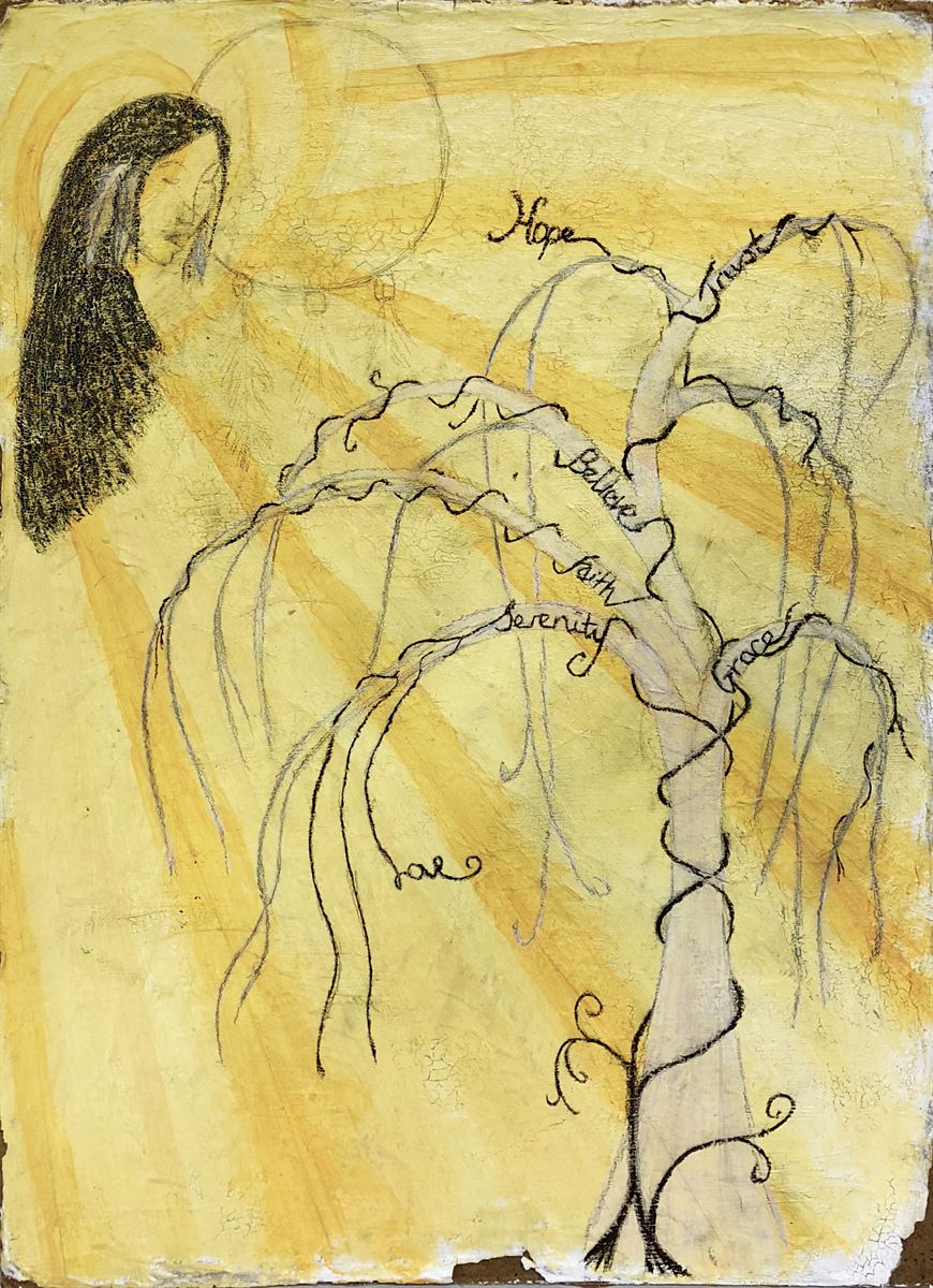 A painting in yellows. A woman looks towards a willow whose branches are labelled Hope, Trust, Believe, Faith, Serenity and Grace