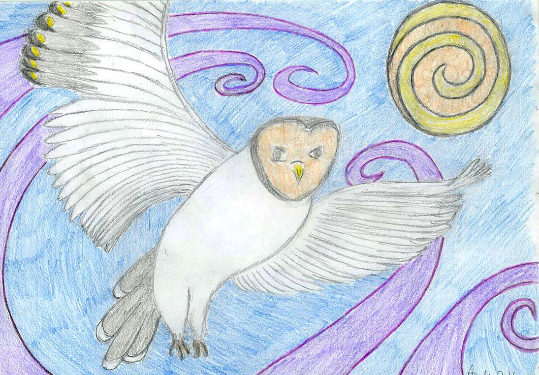 A barn owl in flight across a blue sky, wings wide, a spiral sun above and purple swirls behind