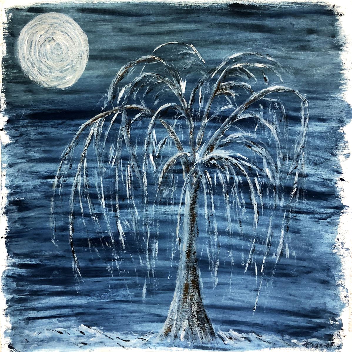 A painting of a willow tree at night beside water, under a full moon