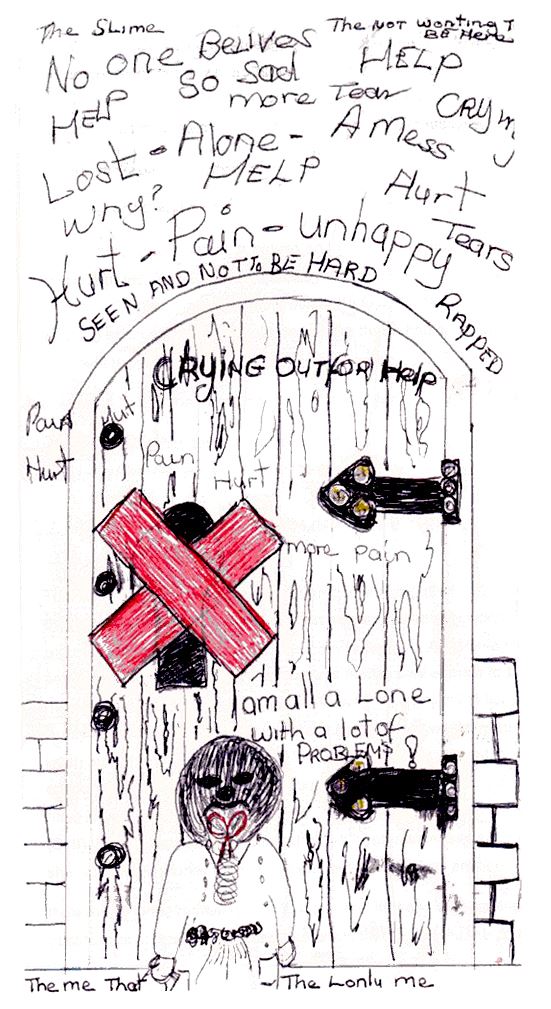 A heavy locked door crossed out in red, a small child standing in front of it with her mouth bound, surrounded by handwritten words including pain, hurt and I am all alone with a lot of problems