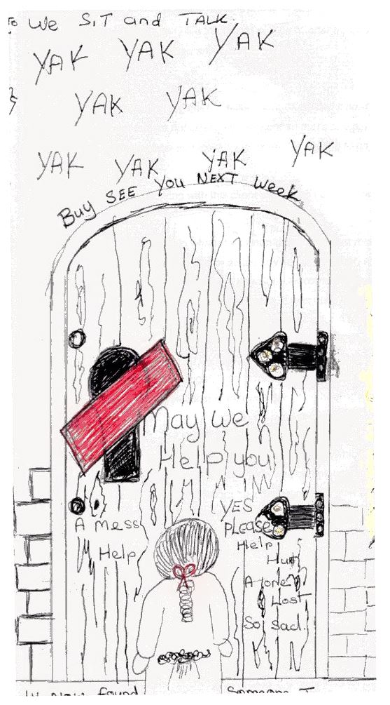 The same locked door, still crossed in red, the child now facing it. Written across the wood: May we help you. Yes please. Above it, yak yak yak, and see you next week