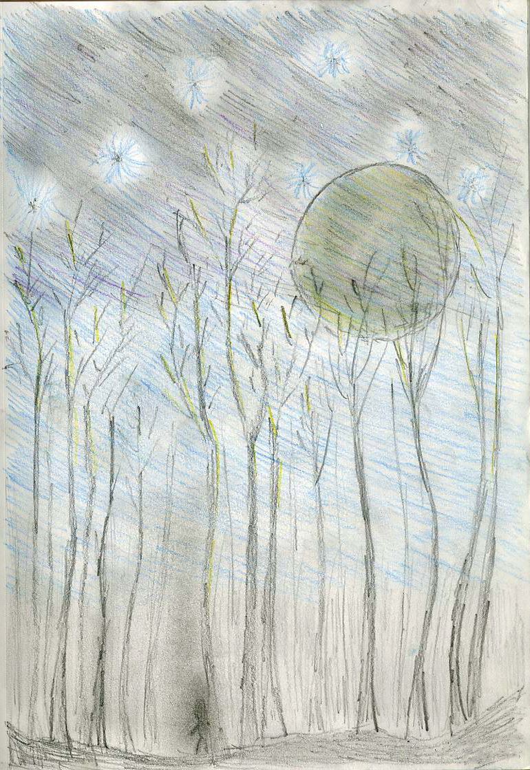 Bare winter trees against a grey sky, a heavy moon behind them and pale flowers falling like snow