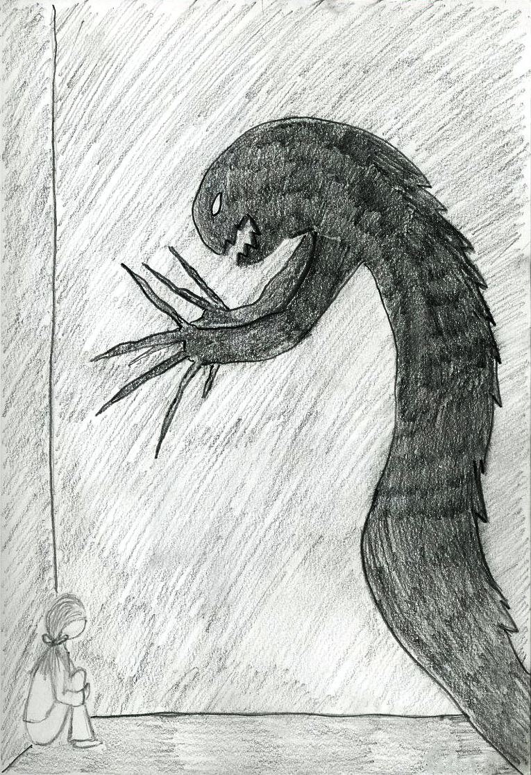 A vast dark clawed creature looming over a tiny child sitting alone in the corner of a bare room
