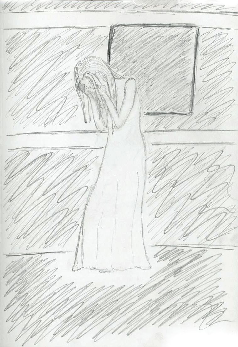 A woman standing alone in a bare room, her hands over her face, the walls scribbled dark around her