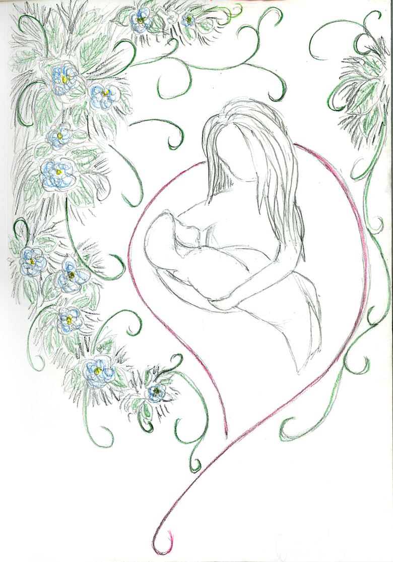 A mother holding a baby, drawn inside a heart, with flowers growing up one side