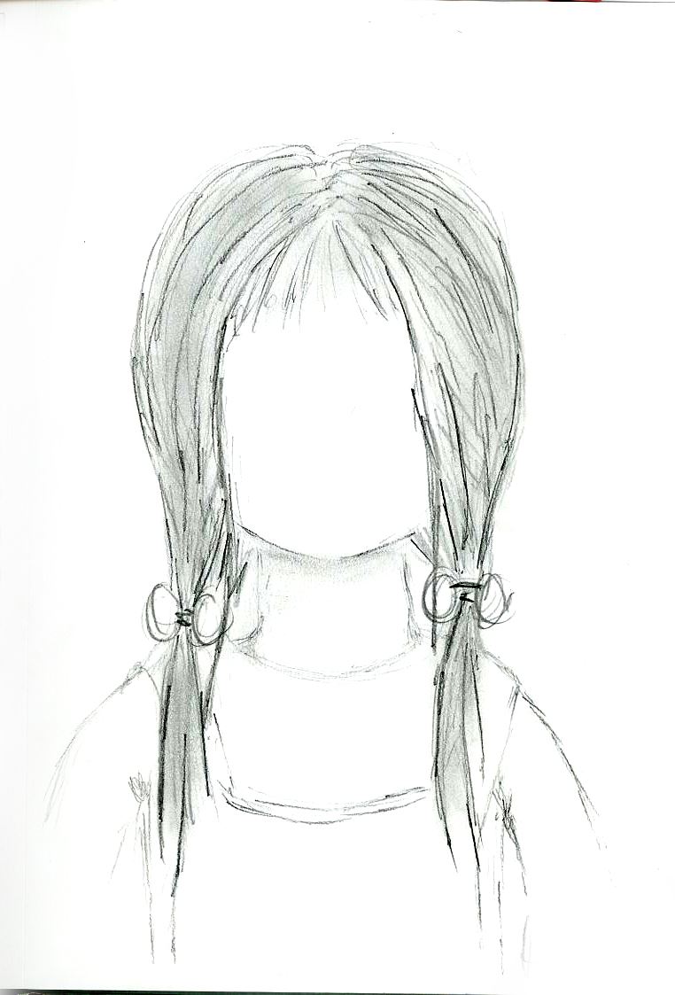A girl in pigtails drawn in pencil, her face left completely blank