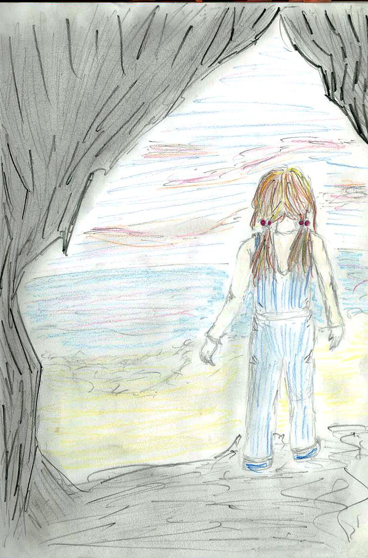 A child stands at the mouth of a dark cave, looking out at an open sky and water beyond