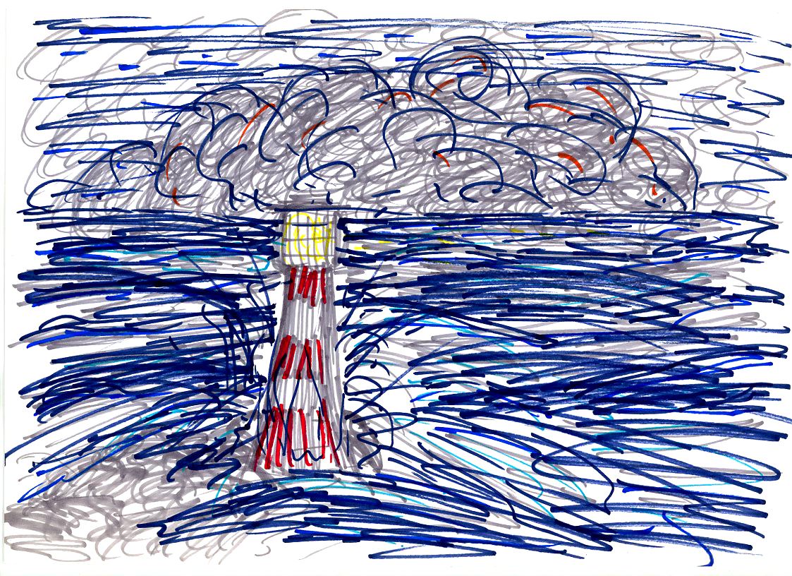 A lighthouse drawn in heavy blue and grey scribble, its light lit, standing through a storm
