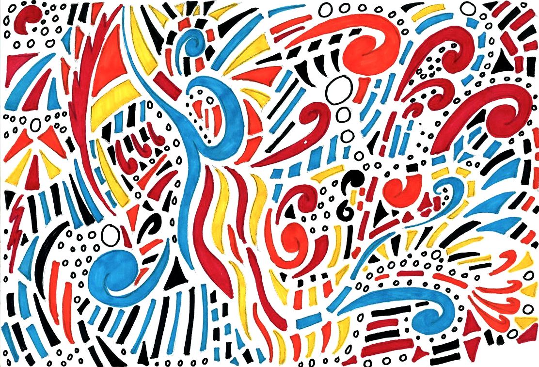 An abstract pattern of red, blue, yellow and black shapes, swirls and dots filling the whole page